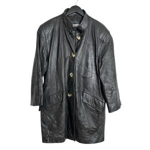 Tibor Black Longline Genuine Leather Coat Button Front Vintage Medium